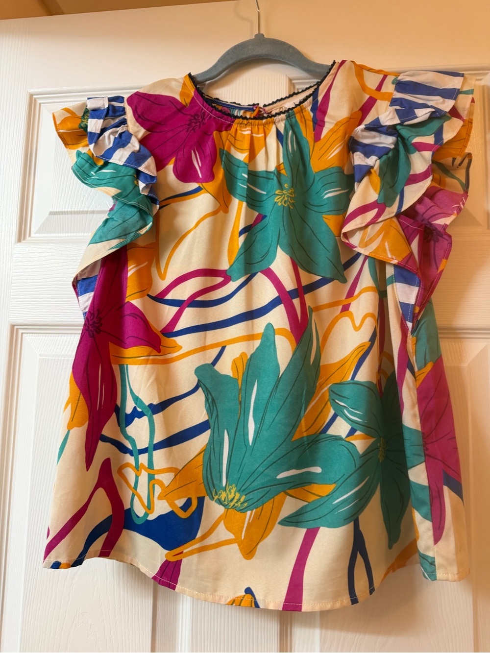 THML Cream Floral Ruffle Sleeve Shirt with Teal, Magenta & Mustard Accents